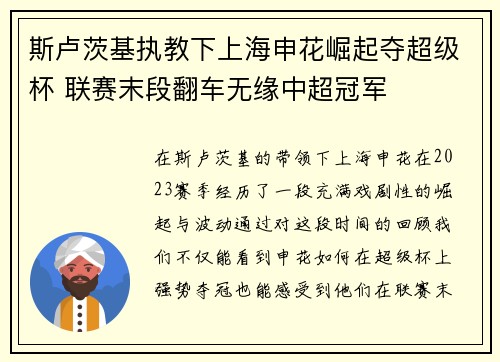 斯卢茨基执教下上海申花崛起夺超级杯 联赛末段翻车无缘中超冠军